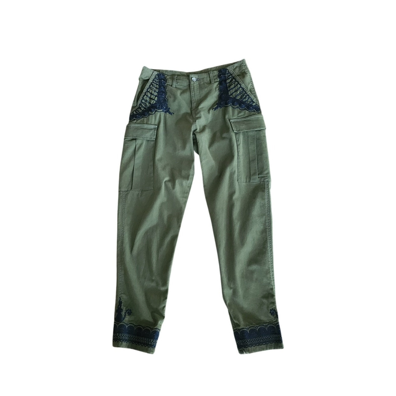 Lola Loves Cargo Designer Pants Green w/Black Lace Embroidery 30" Waist