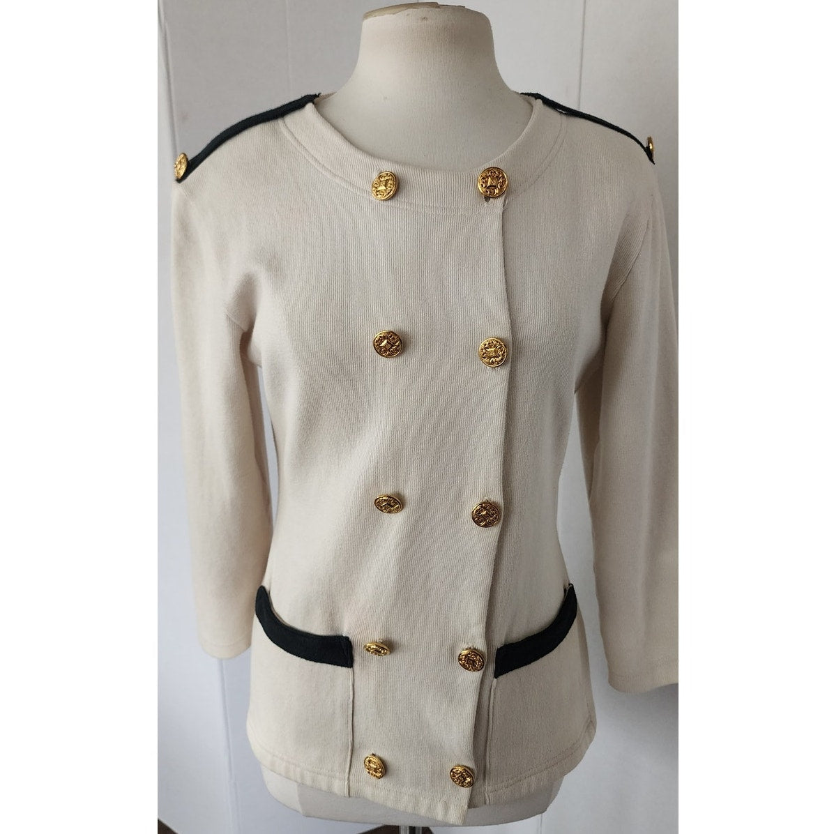 Vintage 90s Military Jacket Cream Knit Gold Buttons Necessary Objects