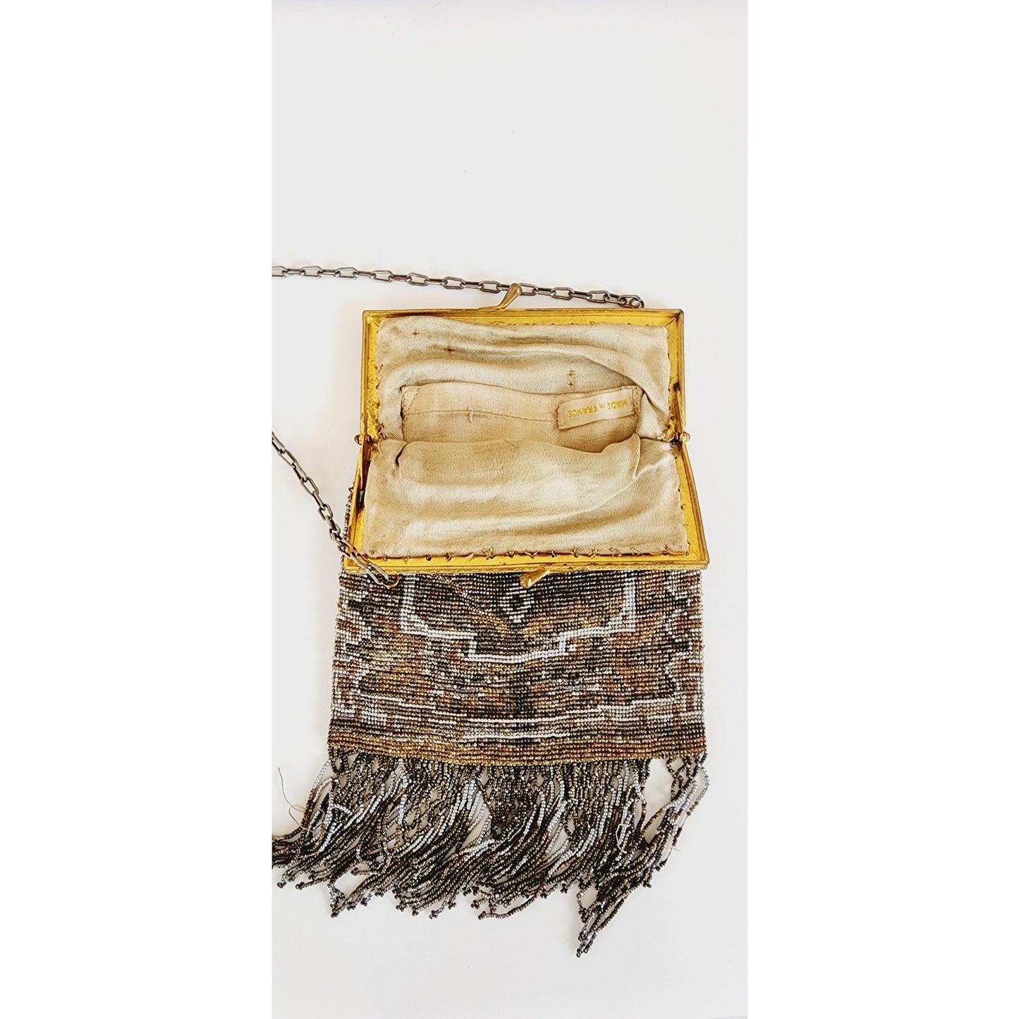 Edwardian Evening Bag Silver Gold Beading Fringe Dressy Purse