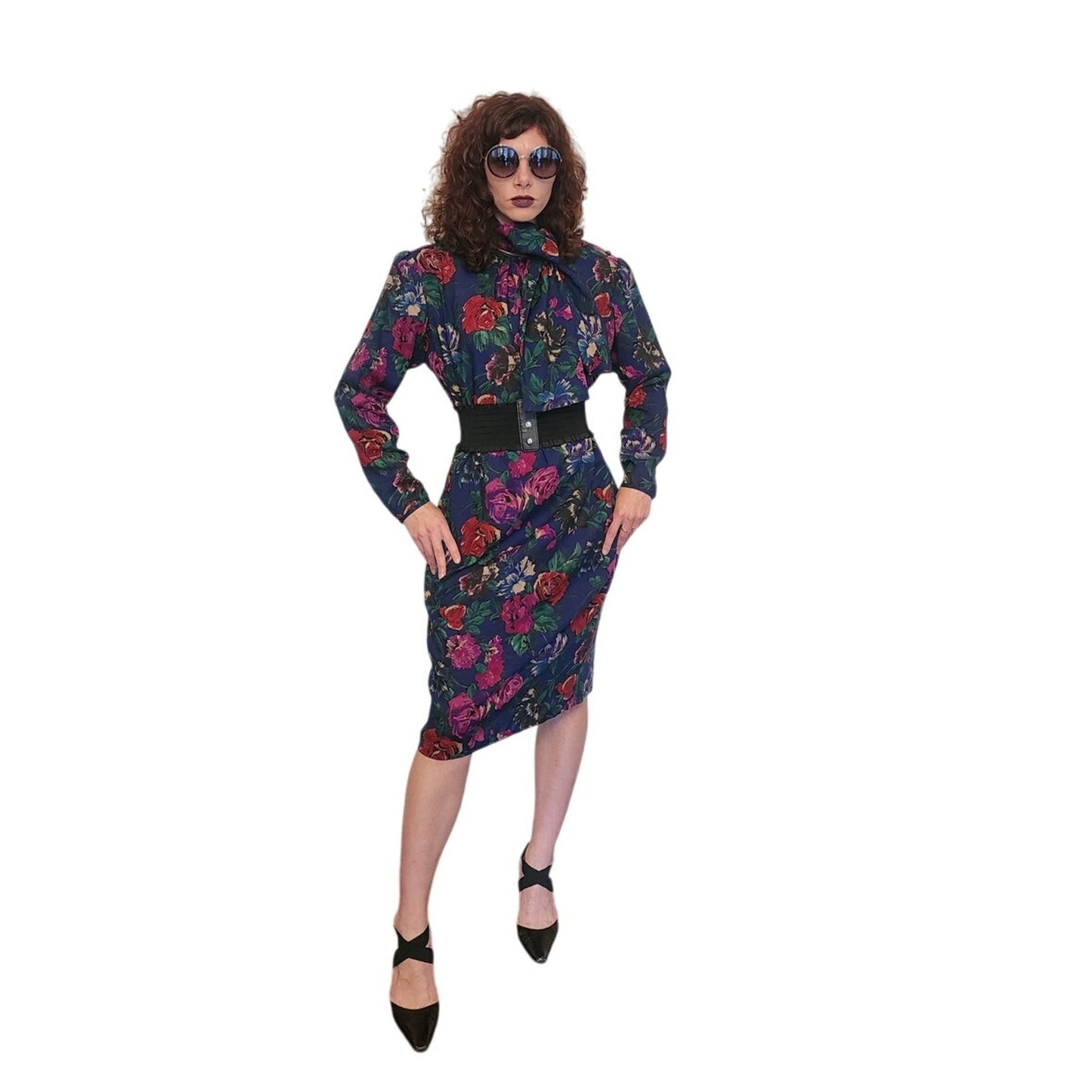 Vintage 80s UNGARO Sac Dress Dark Floral Print Wool w/Sash Necktie / M