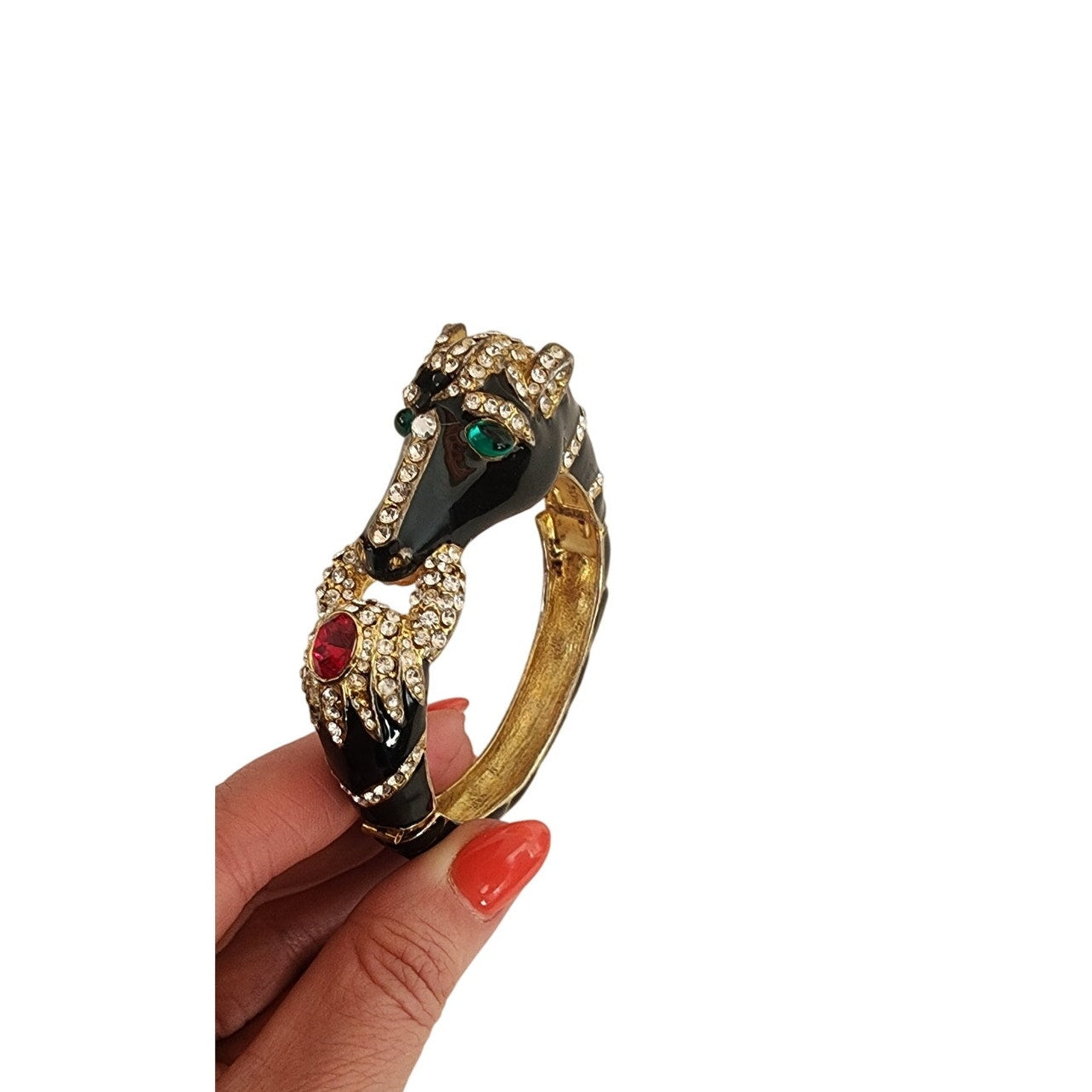 Vintage Black Enamel Horsehead Bracelet Bangle Rhinestone Jewels Art Deco Erte Style
