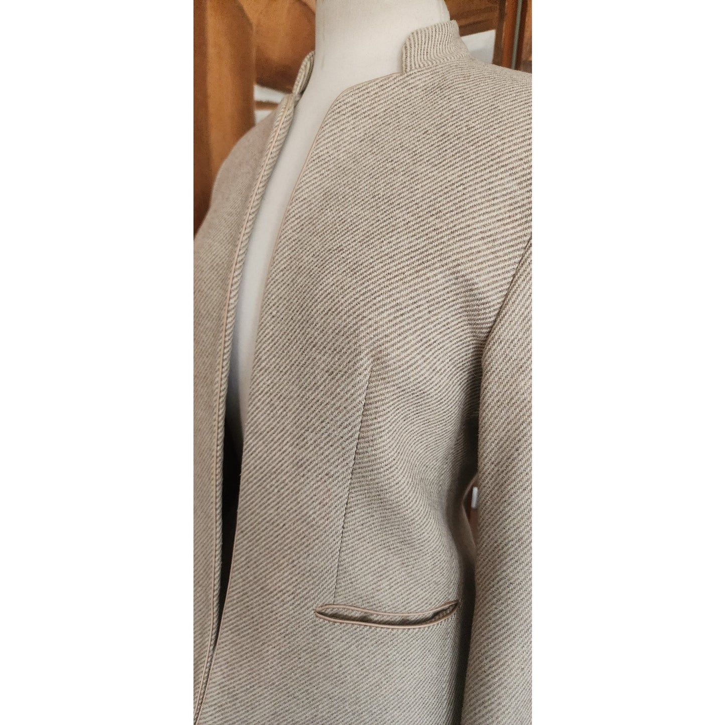 Vintage 1970s Bally Blazer Beige Wool Band Collar Jacket Medium