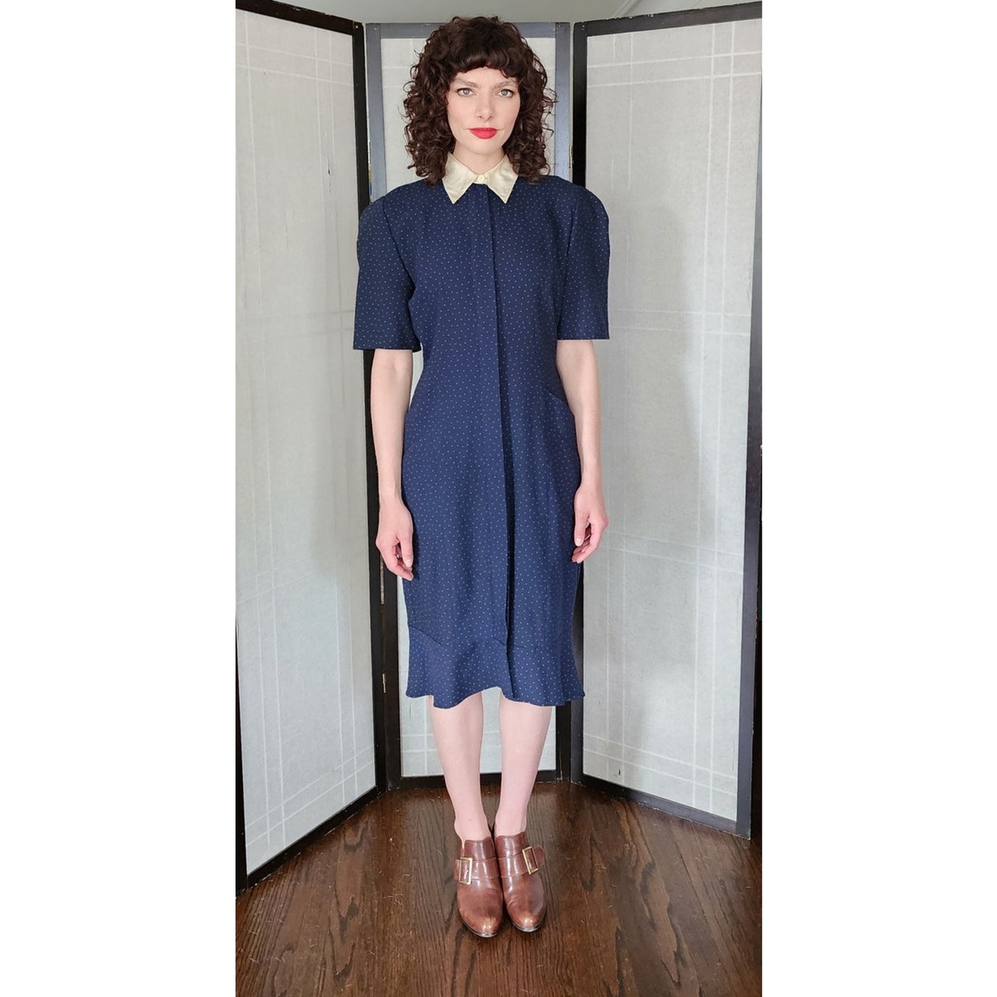 Vintage 80s Krizia Dress Navy Blue White Micro Dot Print White Collar