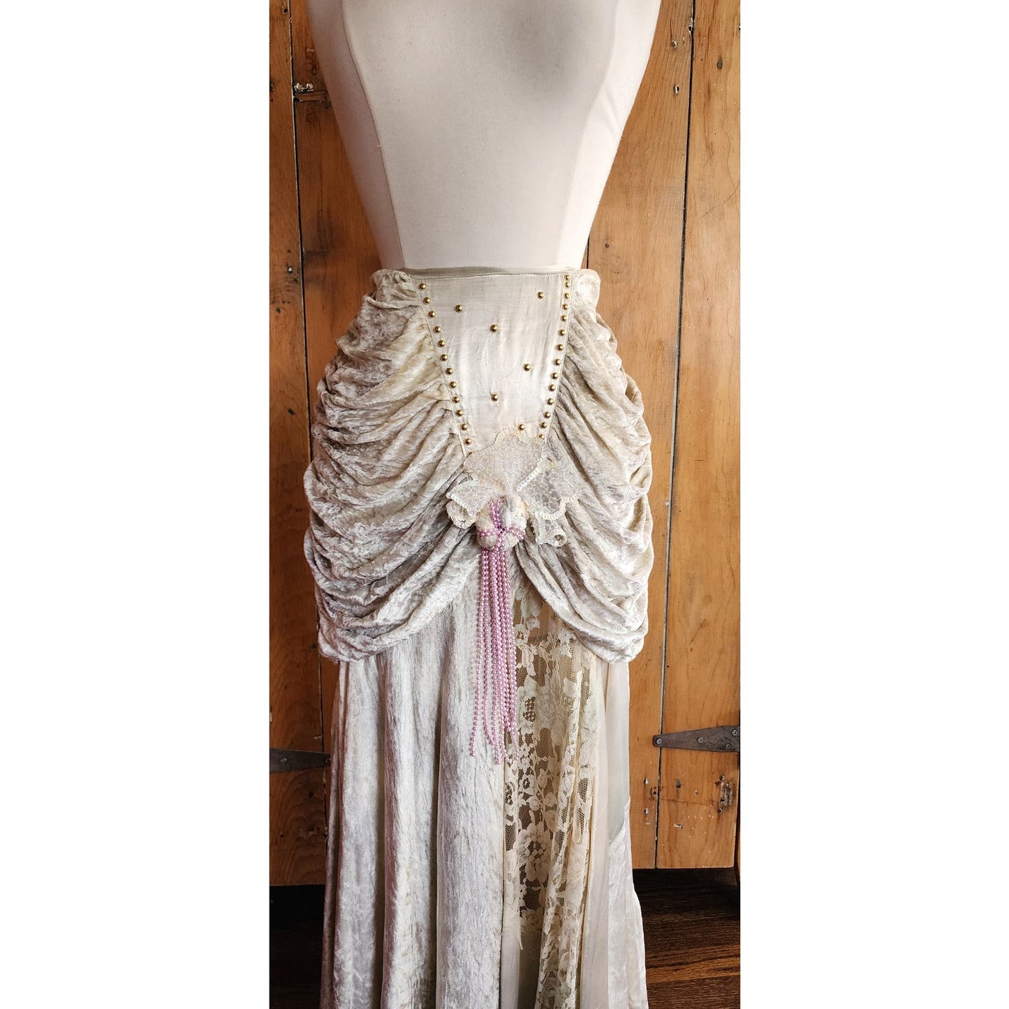 Vintage 80s Long Velvet Skirt Maick Harold, Asymmetrical w/Lace, Beads