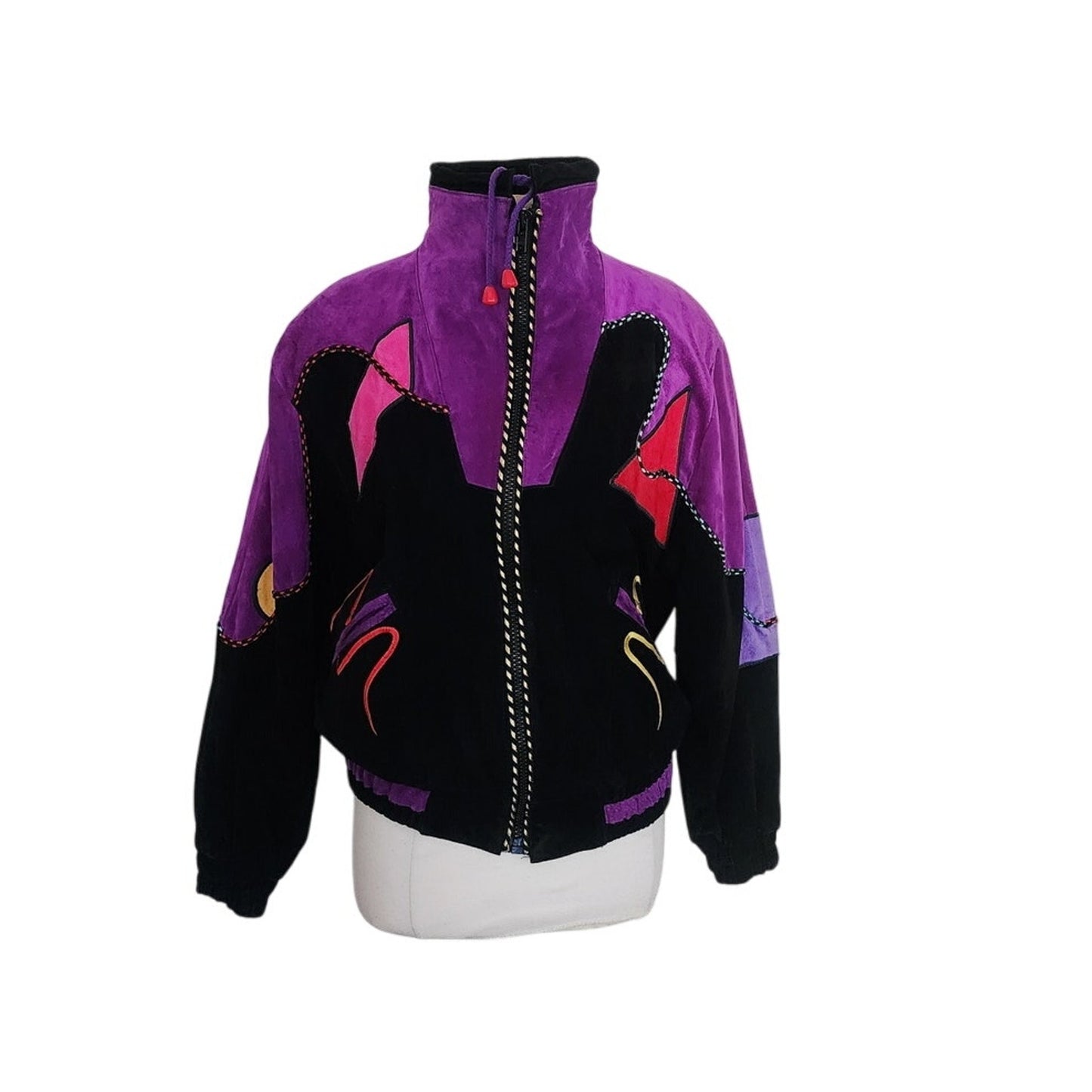 Vintage 80s Suede Bomber Jacket Multicolored Patchwork Applique Mesa Ridge M