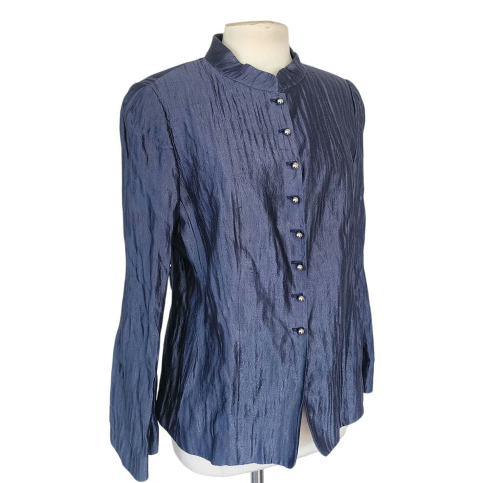 Vintage 2000s Armani Blazer Crinkled Metallic Blue Jacket Size 16