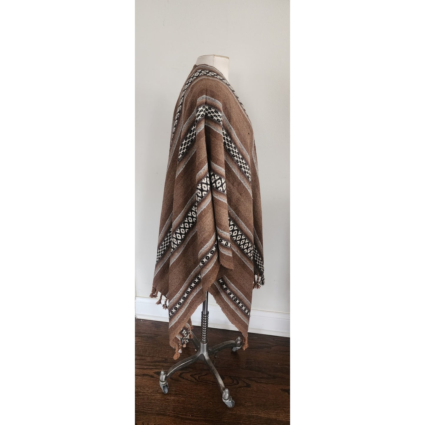 Vintage Fotrama Poncho Alpaca Wool Brown Cream Striped w/Fringe Handmade Ruana Bolivia