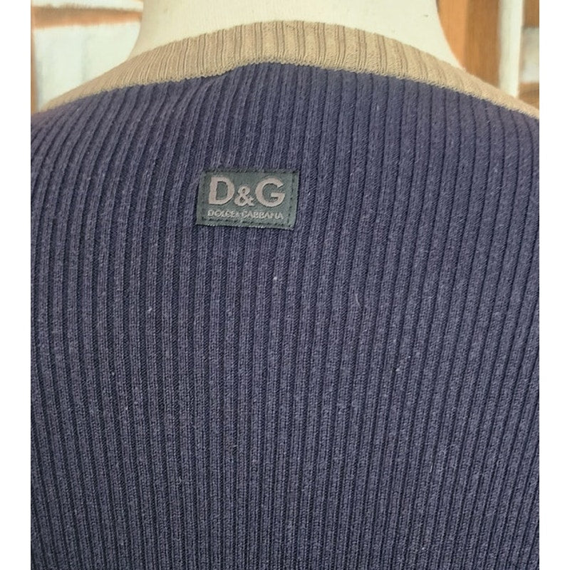 Vintage 90s D&G Dolce & Gabbana Ribbed Knit Mini Dress Blue Beige Trim