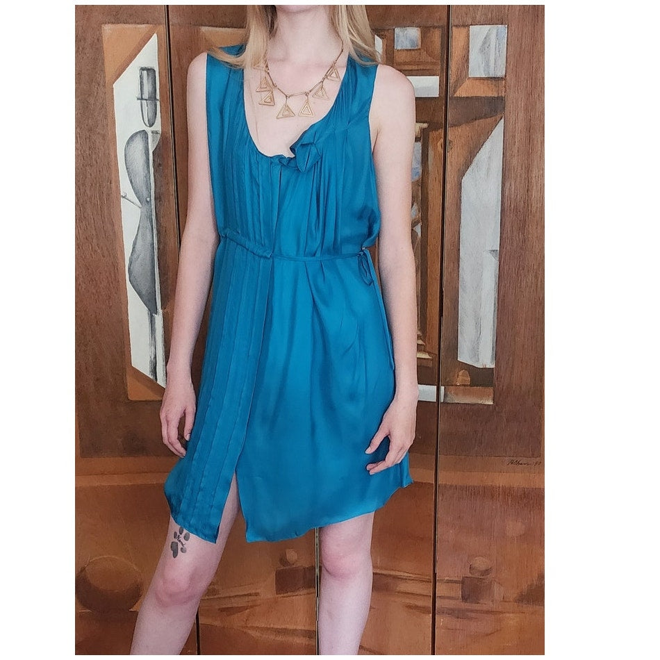Vintage 2000s Chloe Party Dress Sleeveless Blue Silk Asymmetrical Tie NEW w/Tags