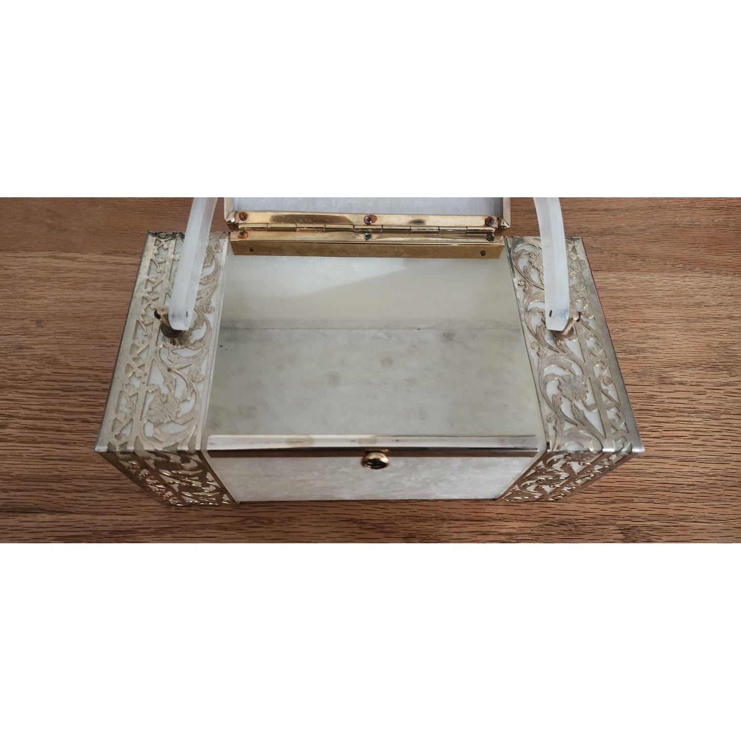Vintage 1950s TYROLEAN NY Lucite Box Bag Pearl White Silver Filigree Art Deco