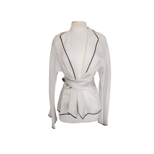 Vintage 1990s Sheer White Blazer w/Black Trim Sash Tie Belt