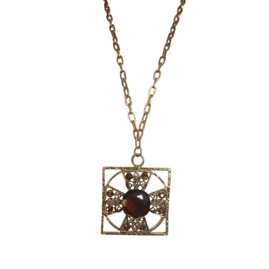 Vintage 1960s Maltese Cross Necklace Baroque Pendant Purple Brown Gold Maximalist Boho