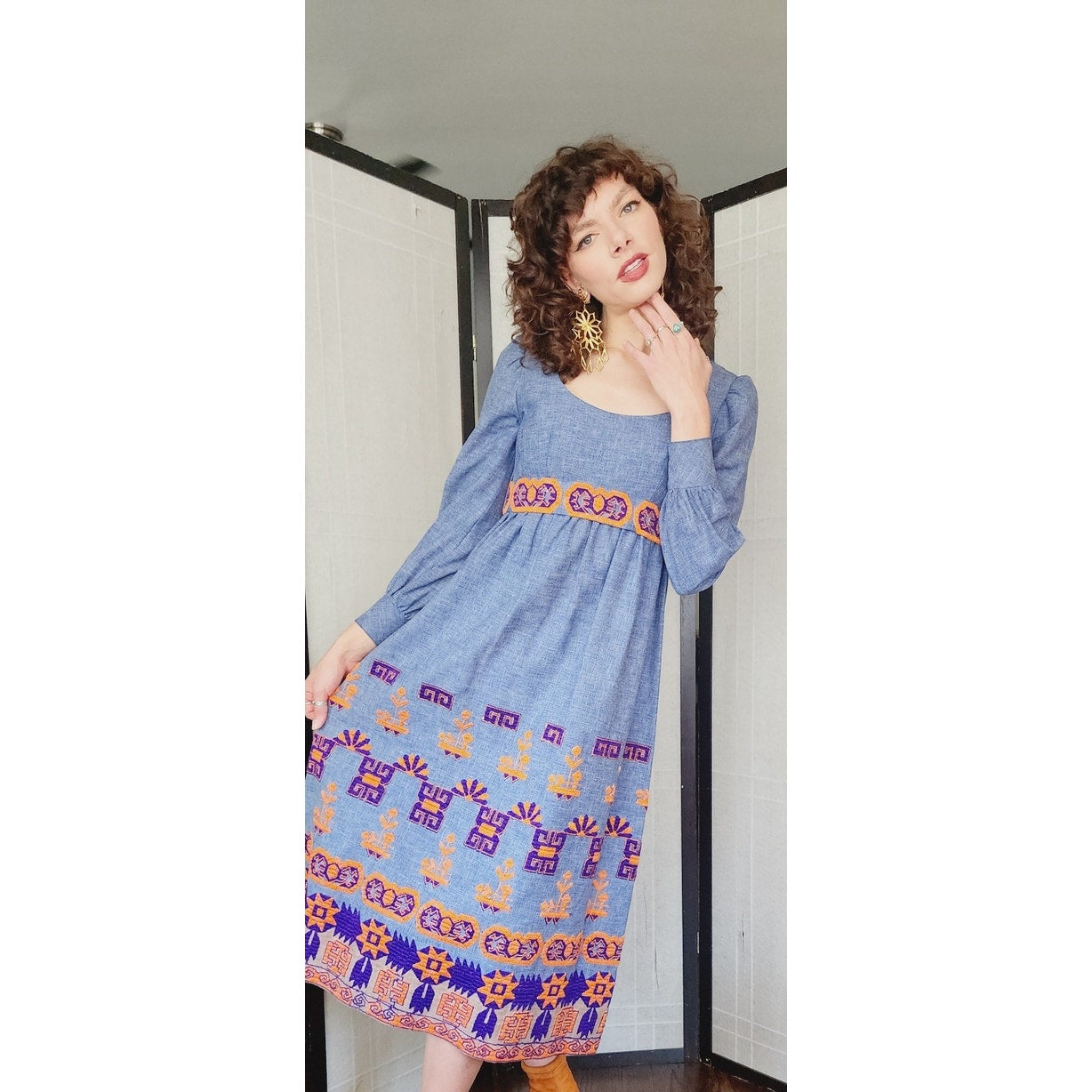 Vintage 70s Embroidered Boho Dress Peasant Style w/Belt Sash Joan Leslie Kasper