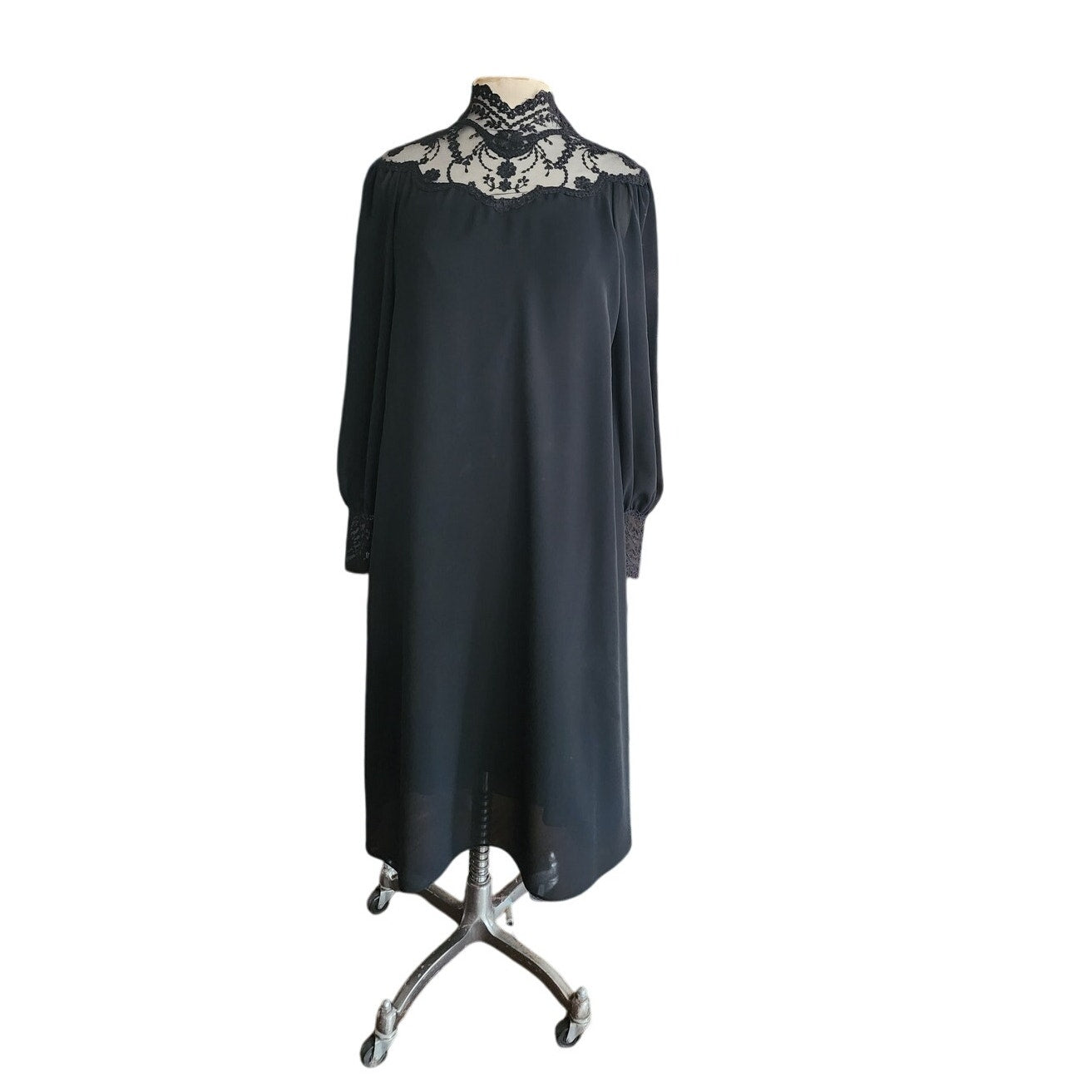 Vintage 1970s Giorgio Sant'Angelo Dress Black Silk Georgette & Lace
