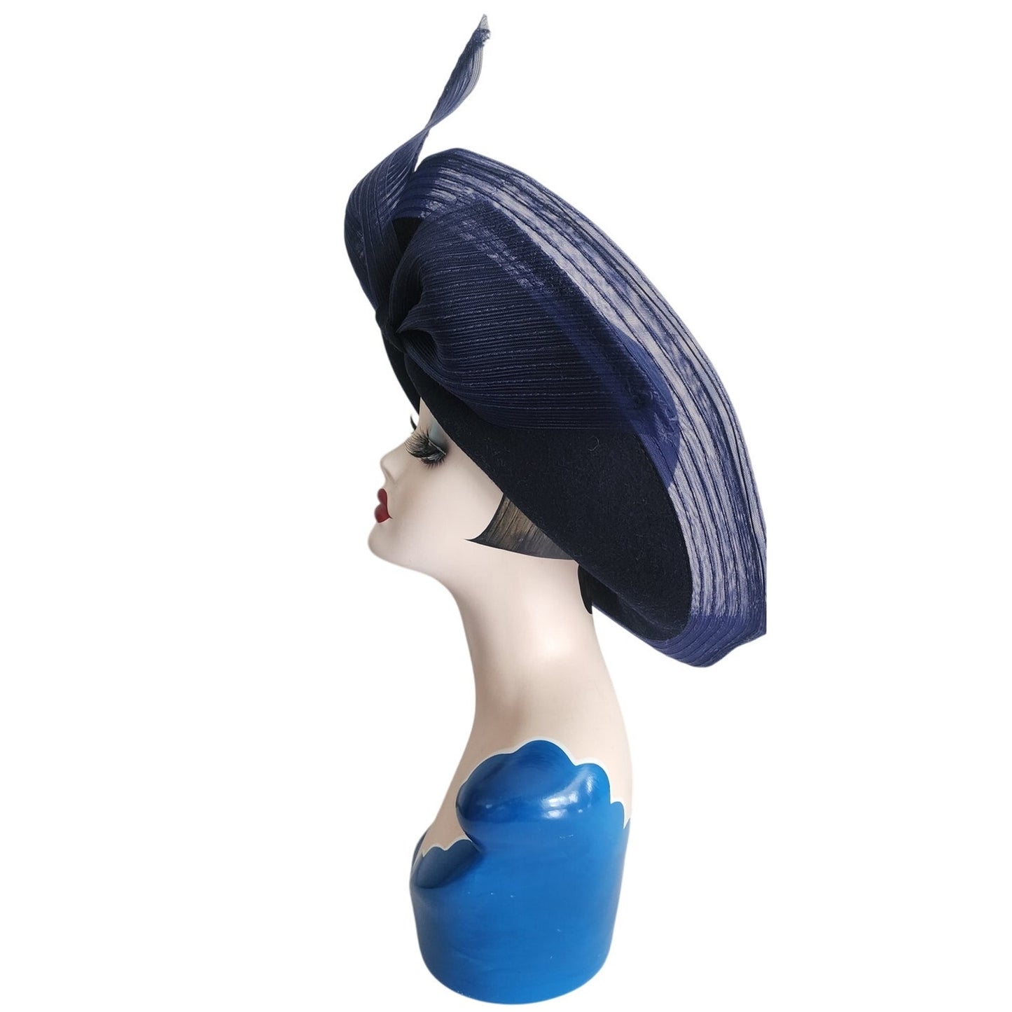 Vintage Navy Blue Hat in Wool & Mesh Oversized Asymmetrical Mr John Classic