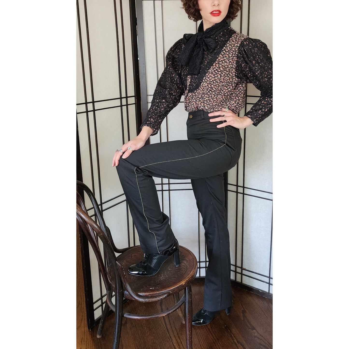 Vintage Valentino Jeans Black Denim Pants Gold Bead Trim Extra Tall