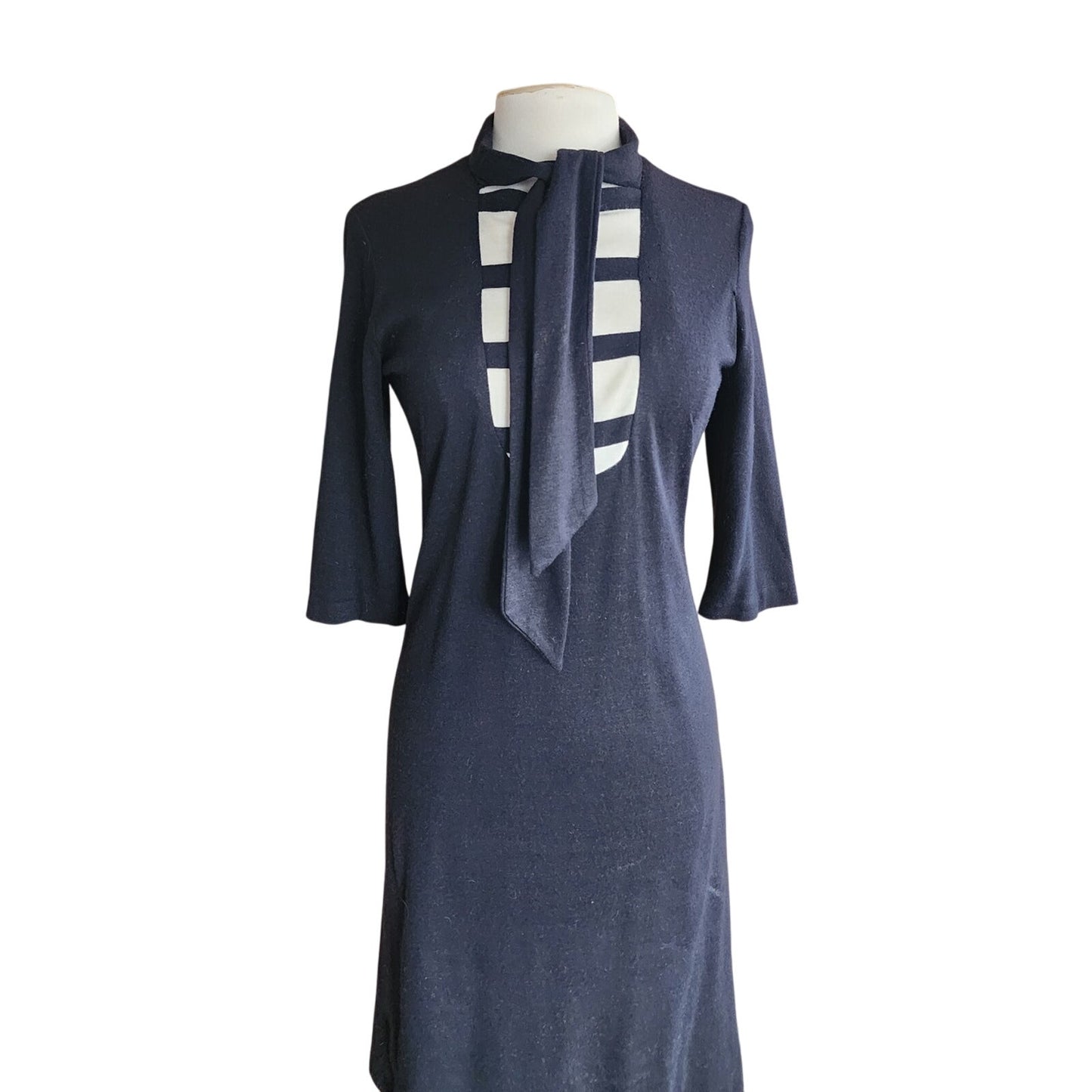 Vintage 1960s Mod Dress Black White Stripe Ascot Tie  Stretchy / Medium