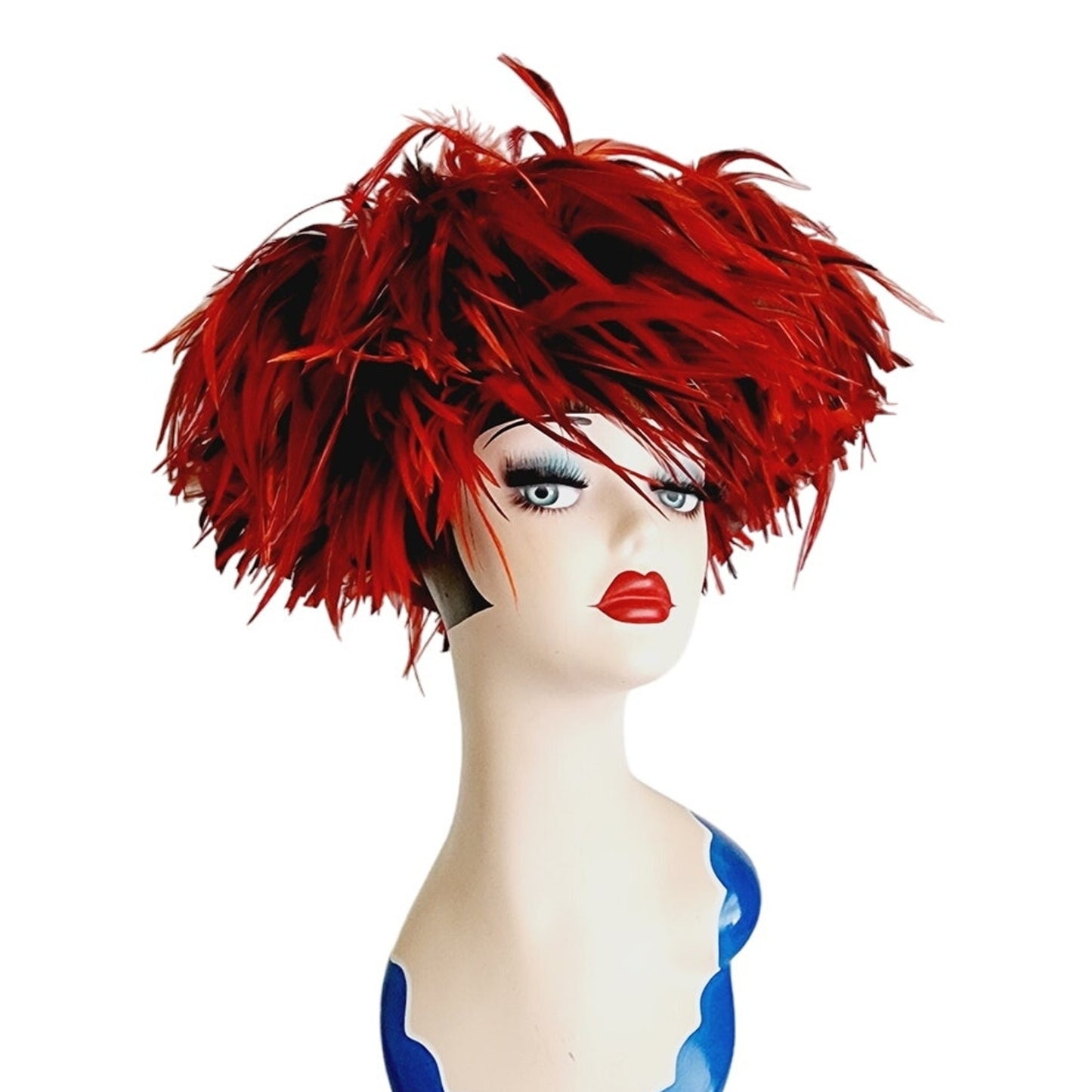 80s Does 60s Red Feather Hat Kokin Oversized Avant Garde