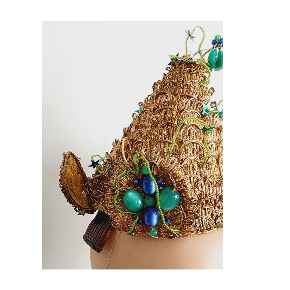 Vintage 50s Bes-Ben Hat Golden Pagoda Beaded Cone Style