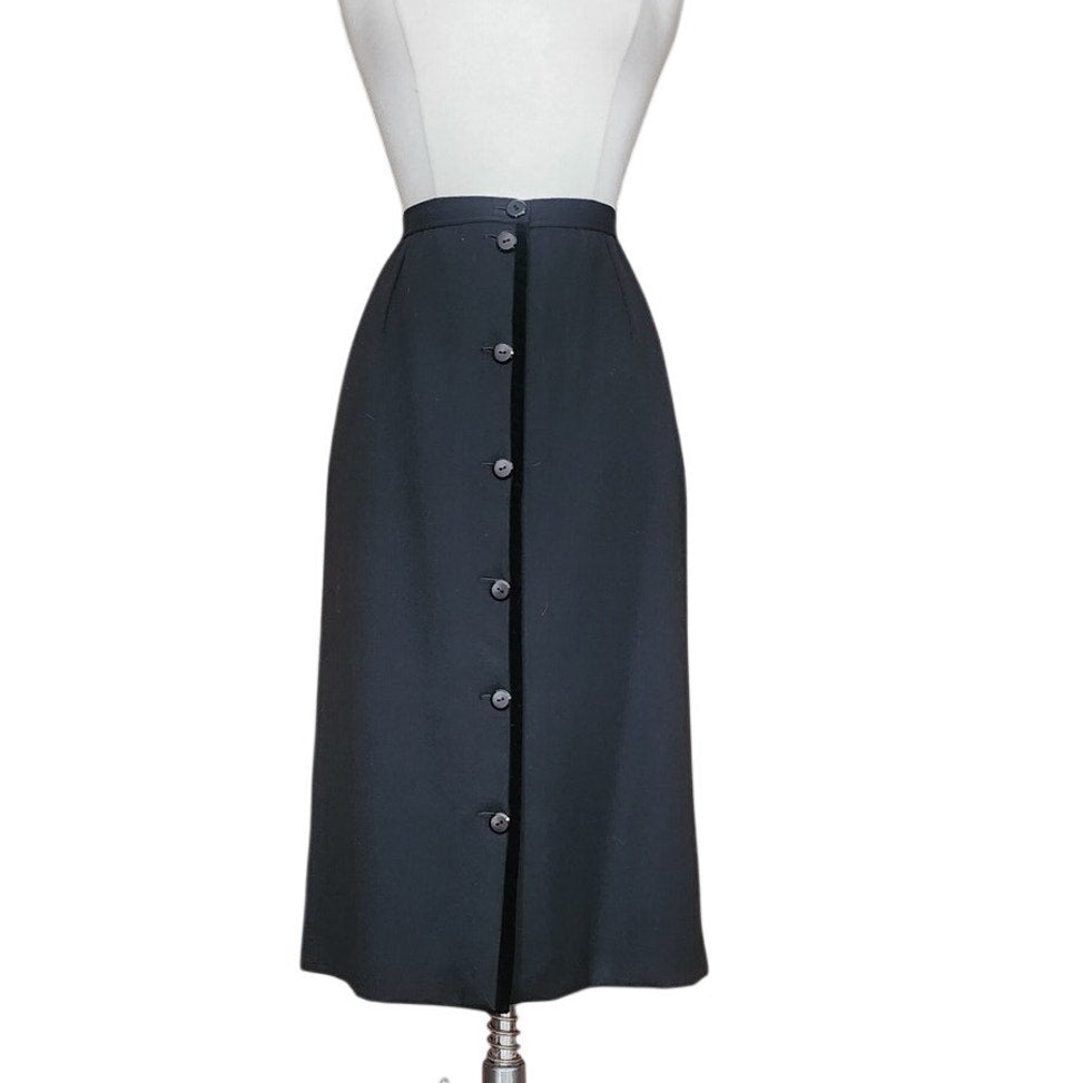 Vintage 1980s VALENTINO Pencil Skirt Black Wool Button Down Midi Medium