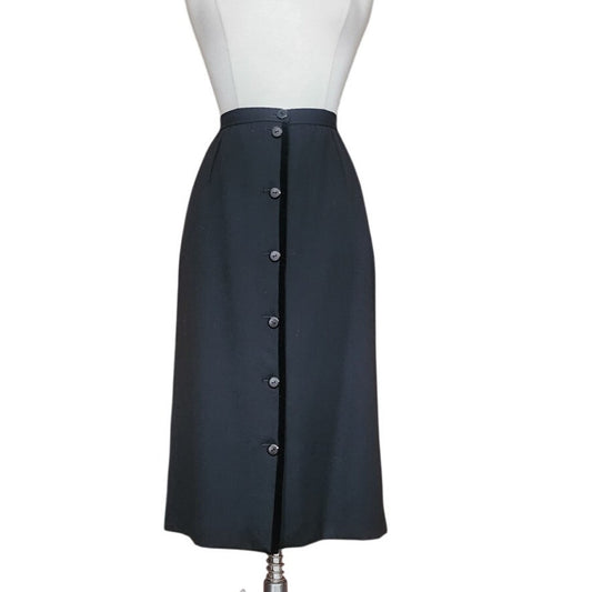 Vintage 1980s VALENTINO Pencil Skirt Black Wool Button Down Midi Medium