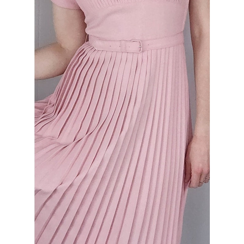 Vintage 40s Pink Dress Pleated Wool Belted w/Rhinestone Pin / S