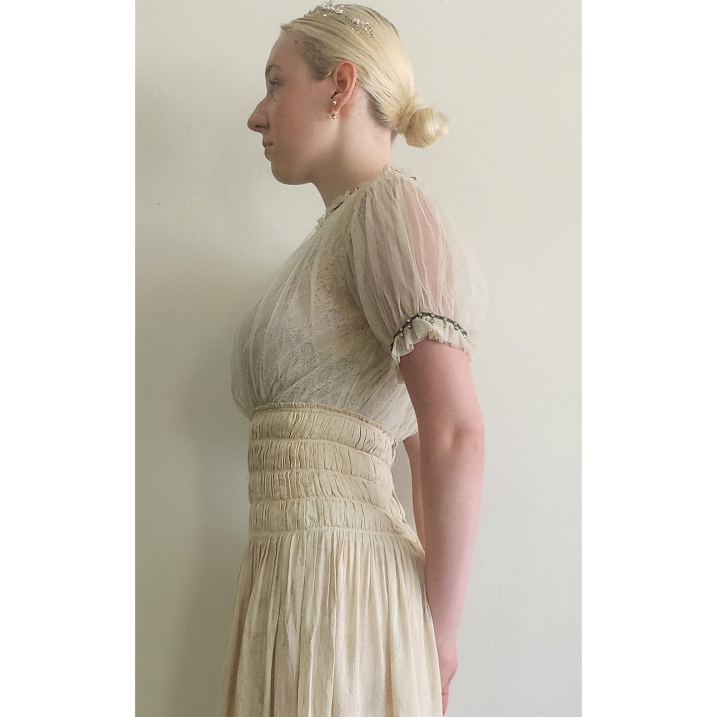 Vintage 1930s Cream Silk Dress Lace & Rhinestone Embroidery