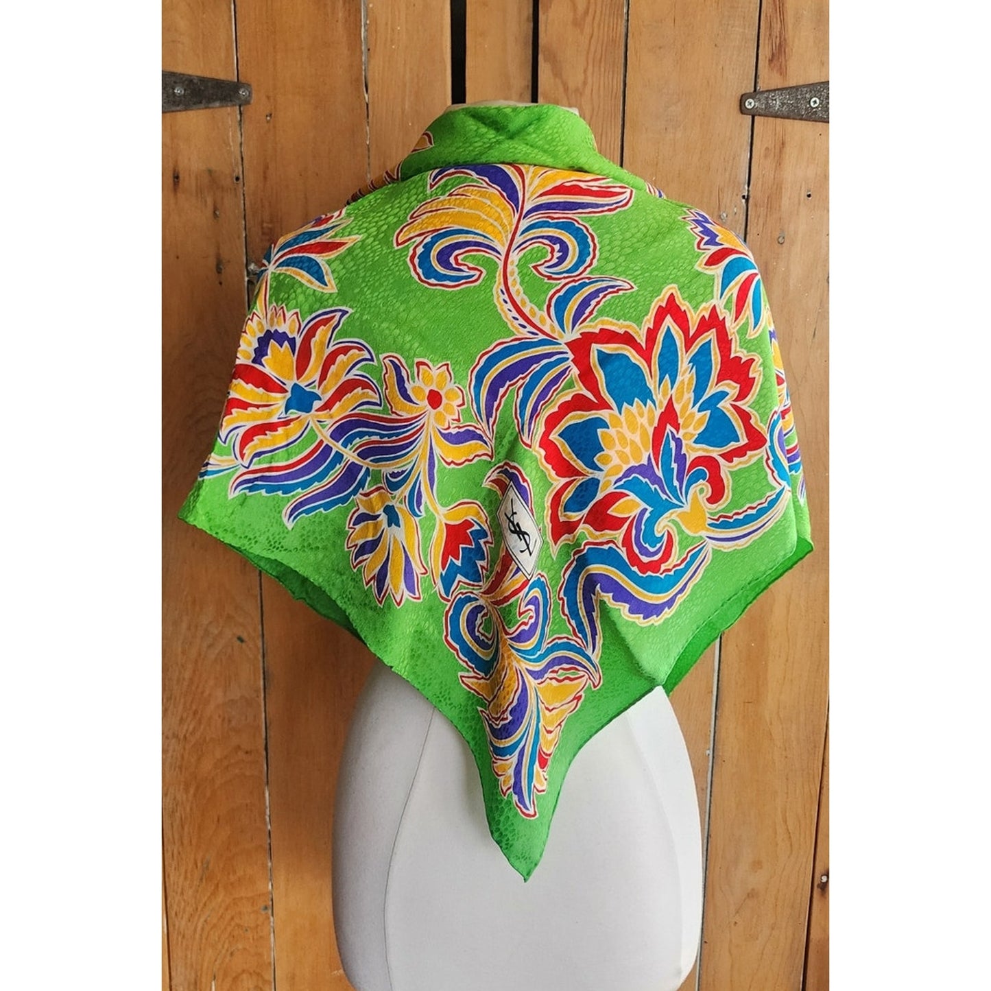 Vintage YSL Scarf Silkprint Square Floral Paisley Green Yves Saint Laurent 1970s 1980s