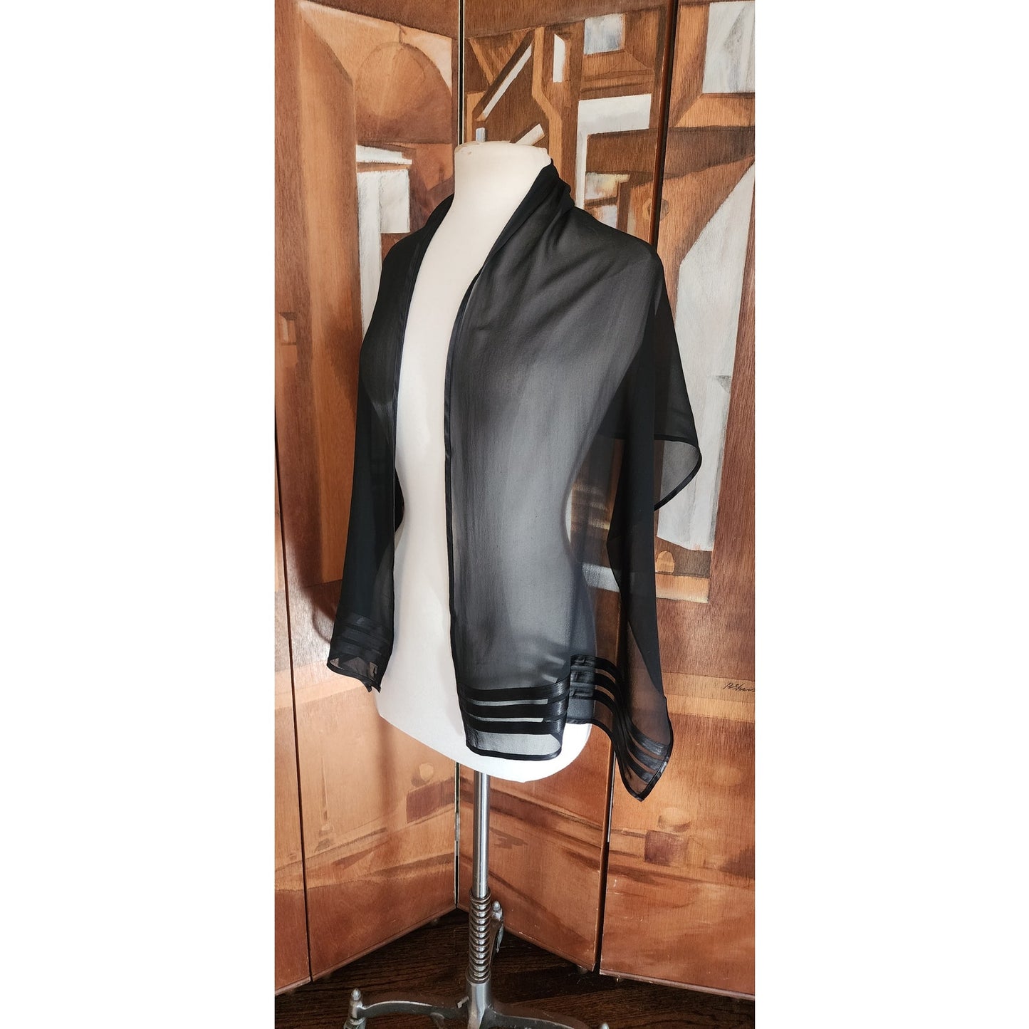 Vintage 90s Armani Collezioni Black Silk Scarf Satin Stripe