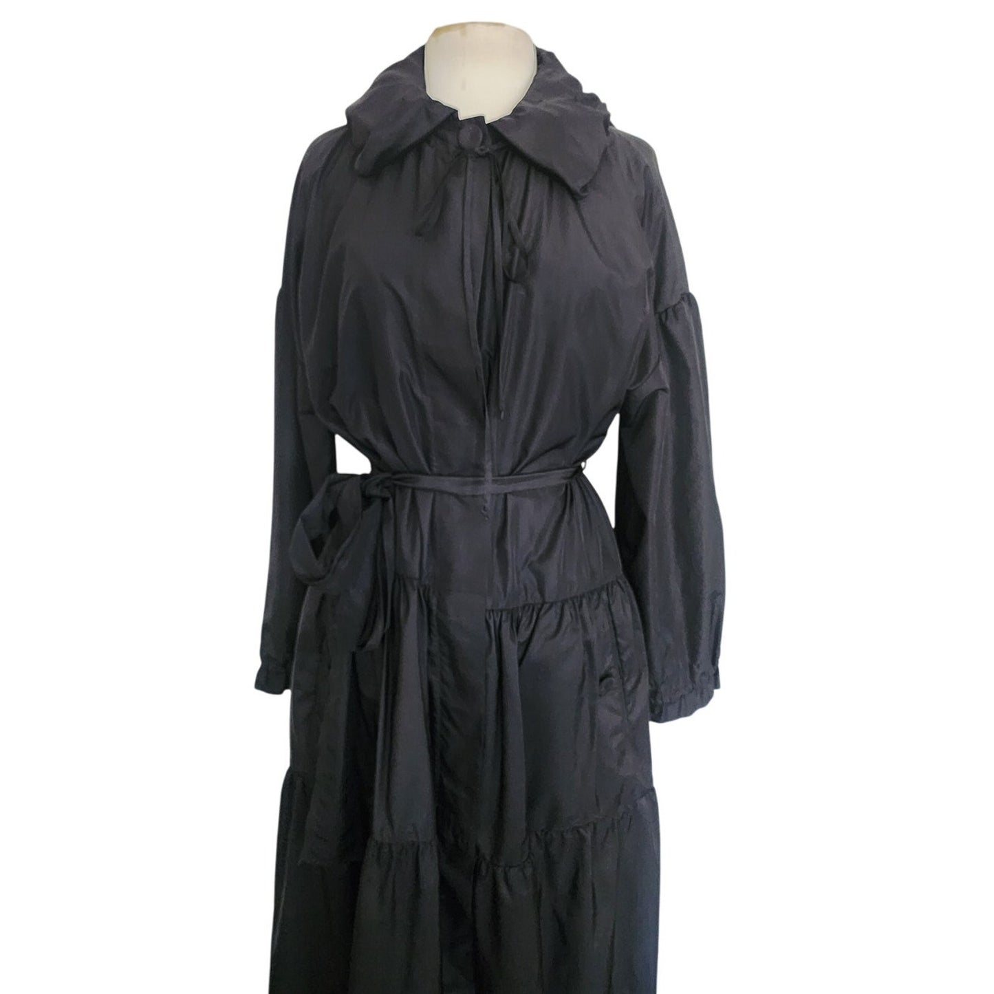 Vintage 2000s Sonia Rykiel Coat Dress / Black Trench Belted Raincoat Ruffled Skirt + Hood / M