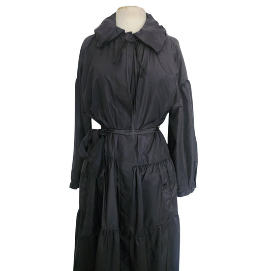 Vintage 2000s Sonia Rykiel Coat Dress / Black Trench Belted Raincoat Ruffled Skirt + Hood / M