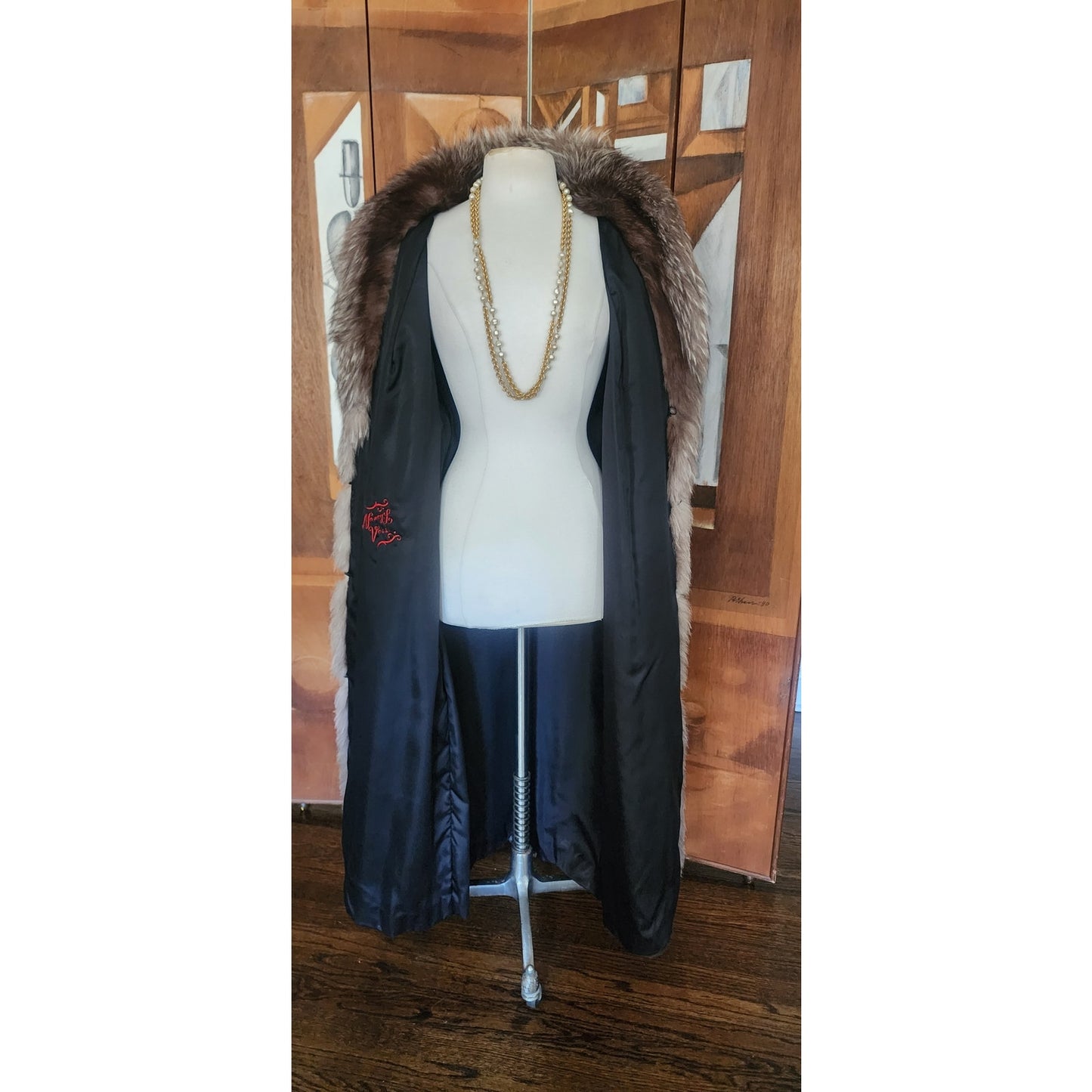 Vintage 80s Ranch Mink Black Fur Coat Long Silver Fox Tuxedo Collar Maxi