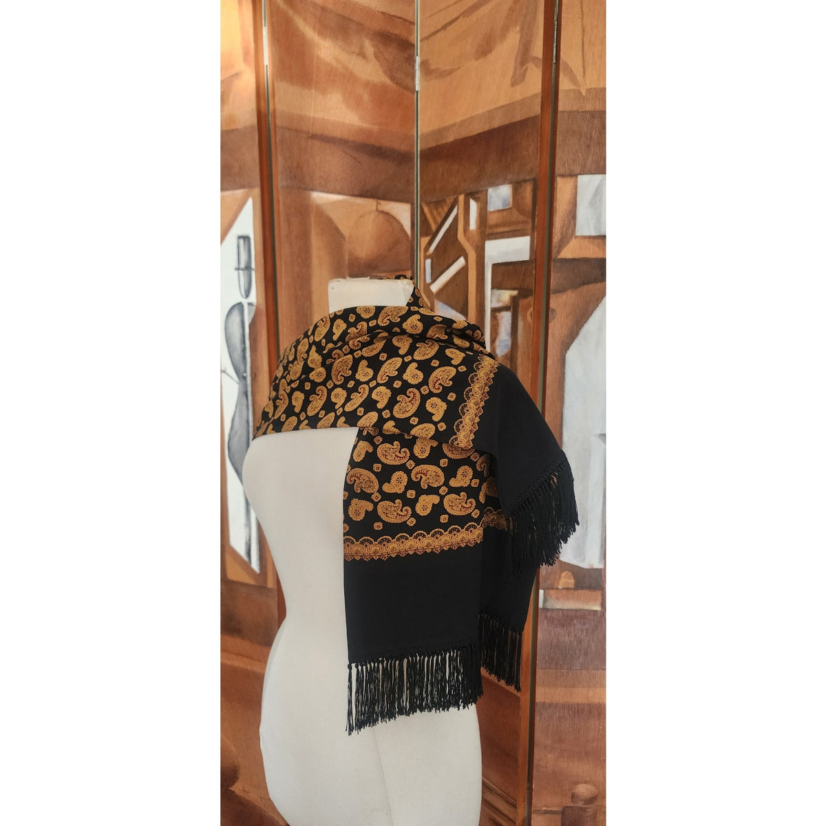 Vintage 1990s DKNY Scarf Black Gold Paisley Print Silk Oblong Fringe Donna Karan