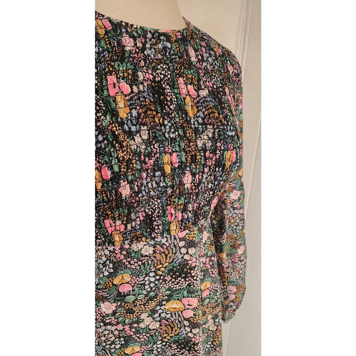 Vintage 70s Floral Print Boho Dress Long Sleeves Leslie J / M