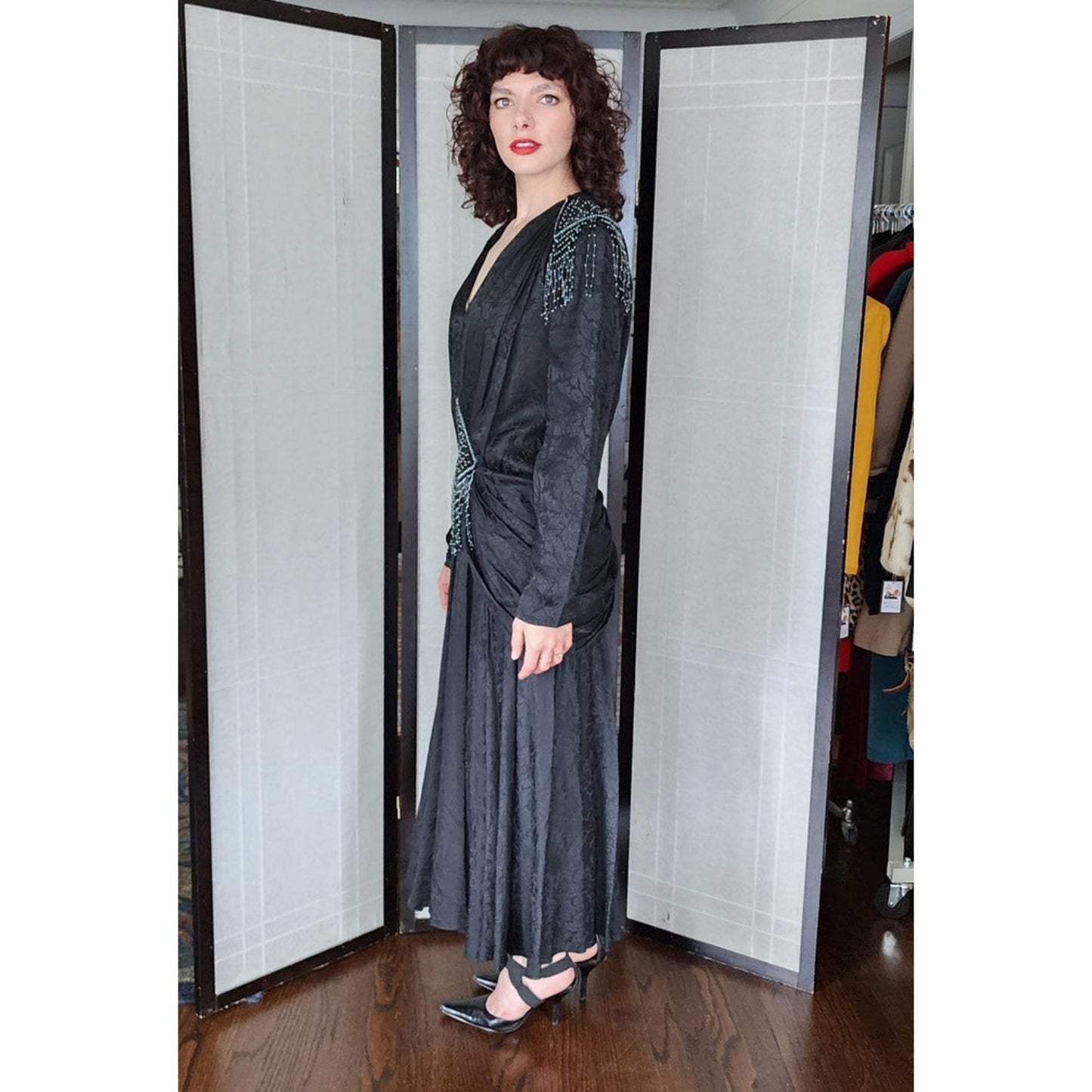 Vintage 80s Evening Dress Black Beaded Silk Fringed D'Ore Art Deco Style