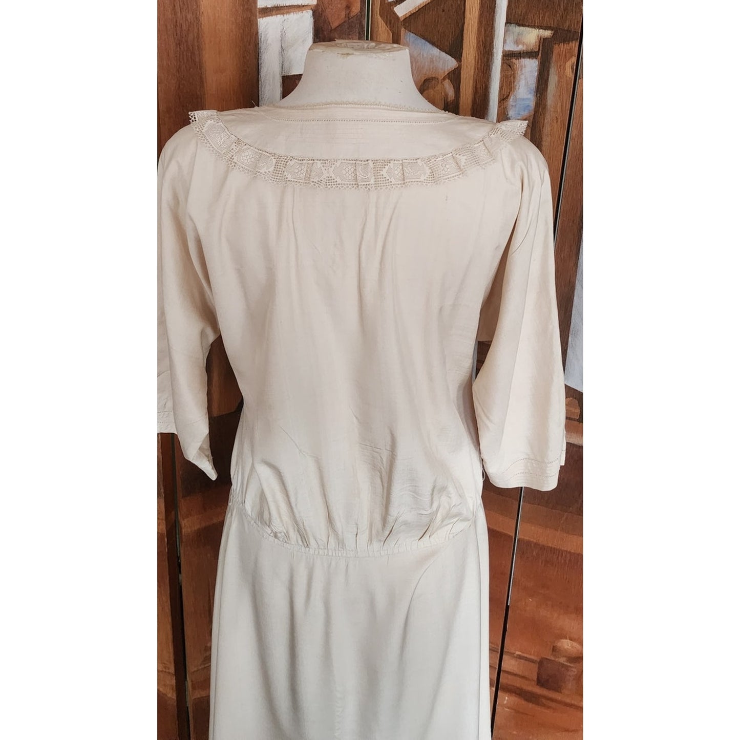 Vintage 1980s Cream Silk Dress Lace Trim Drop Waist Edwardian Style Norma Walters