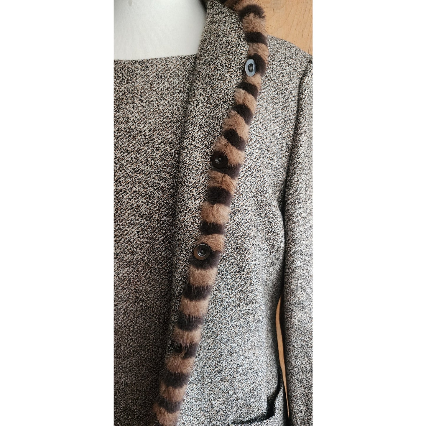 Vintage ESCADA Dress + Jacket Suit Set Alpaca Blend Wool Tweed Striped Mink Fur Trim / L