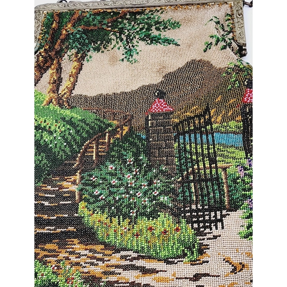 Vintage 20s Beaded Bag Pictorial Landscape Scene