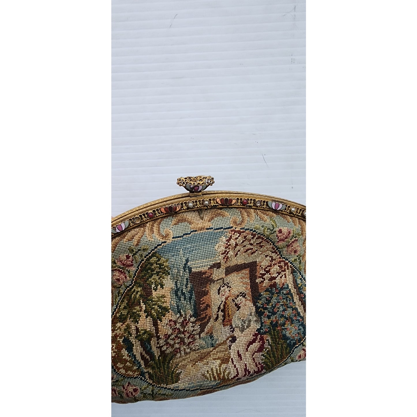 Antique French Handbag Tapestry Weave w/Enameled Frame Pastoral Rococo