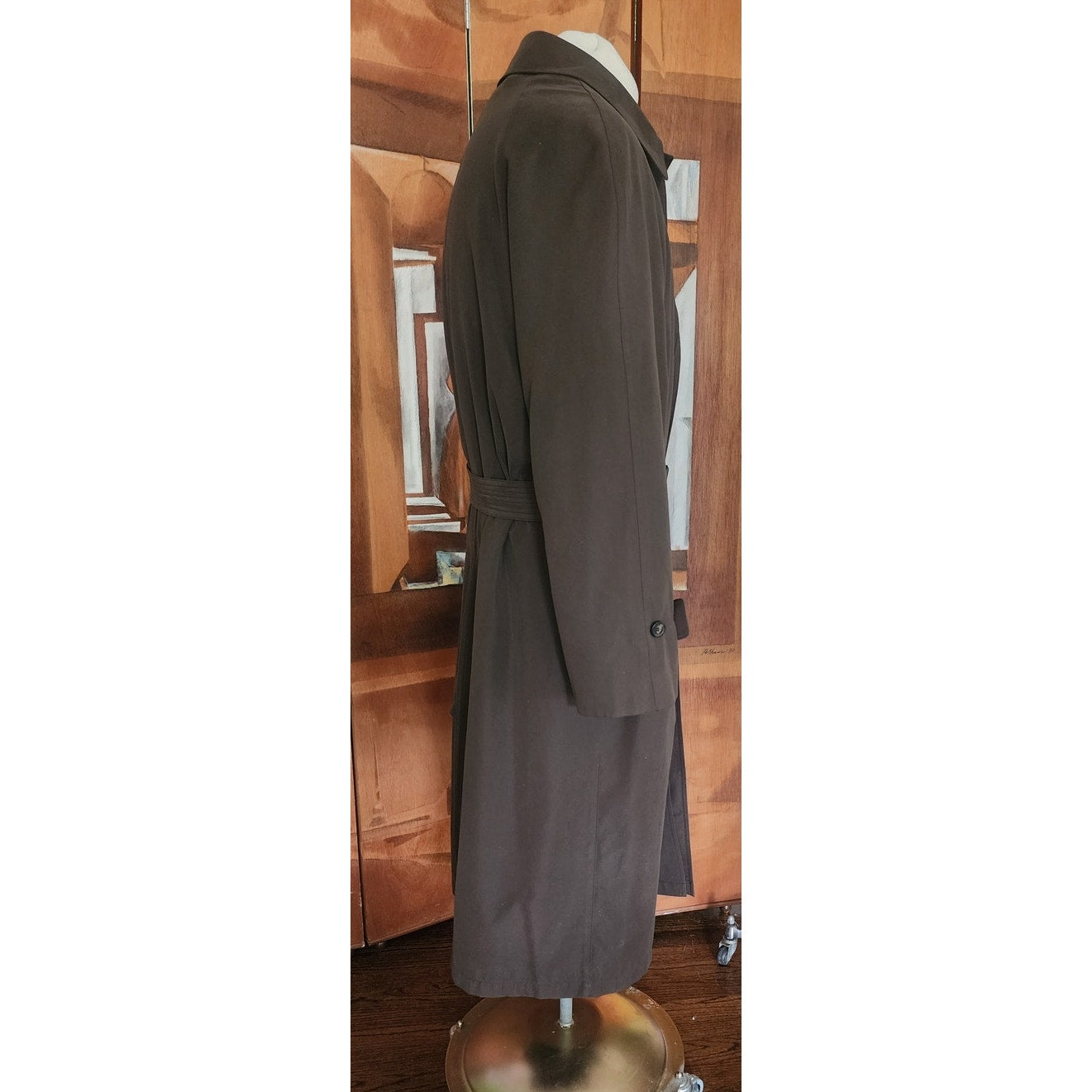 Vintage 1990s Ralph Lauren Mens Coat Brown Olive Green Trench Raincoat Large 40R