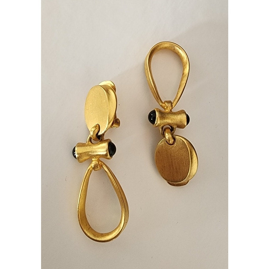 Vintage Gold and Black Teardrop Clip-On Earrings 80s 90s Etruscan Revival