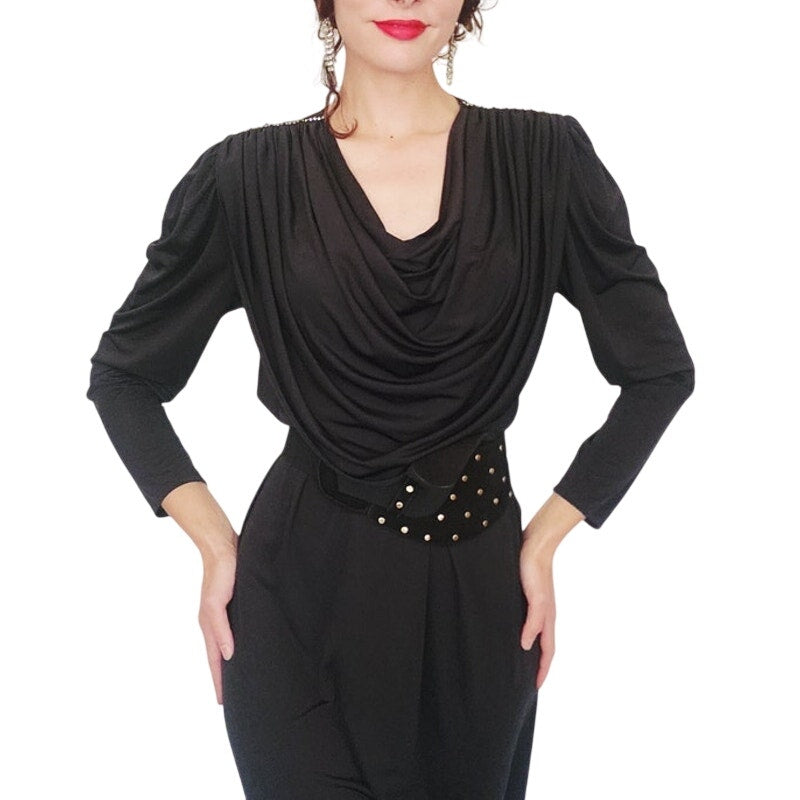 Vintage 1980s Oscar de la Renta Evening Dress Black Liquid Jersey Rhinestones Cowl Neck M