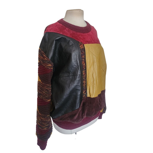 Vintage 1990s Men Sweater Leather, Suede & Multicolored Chunky Knit Saxony Collection Pullover