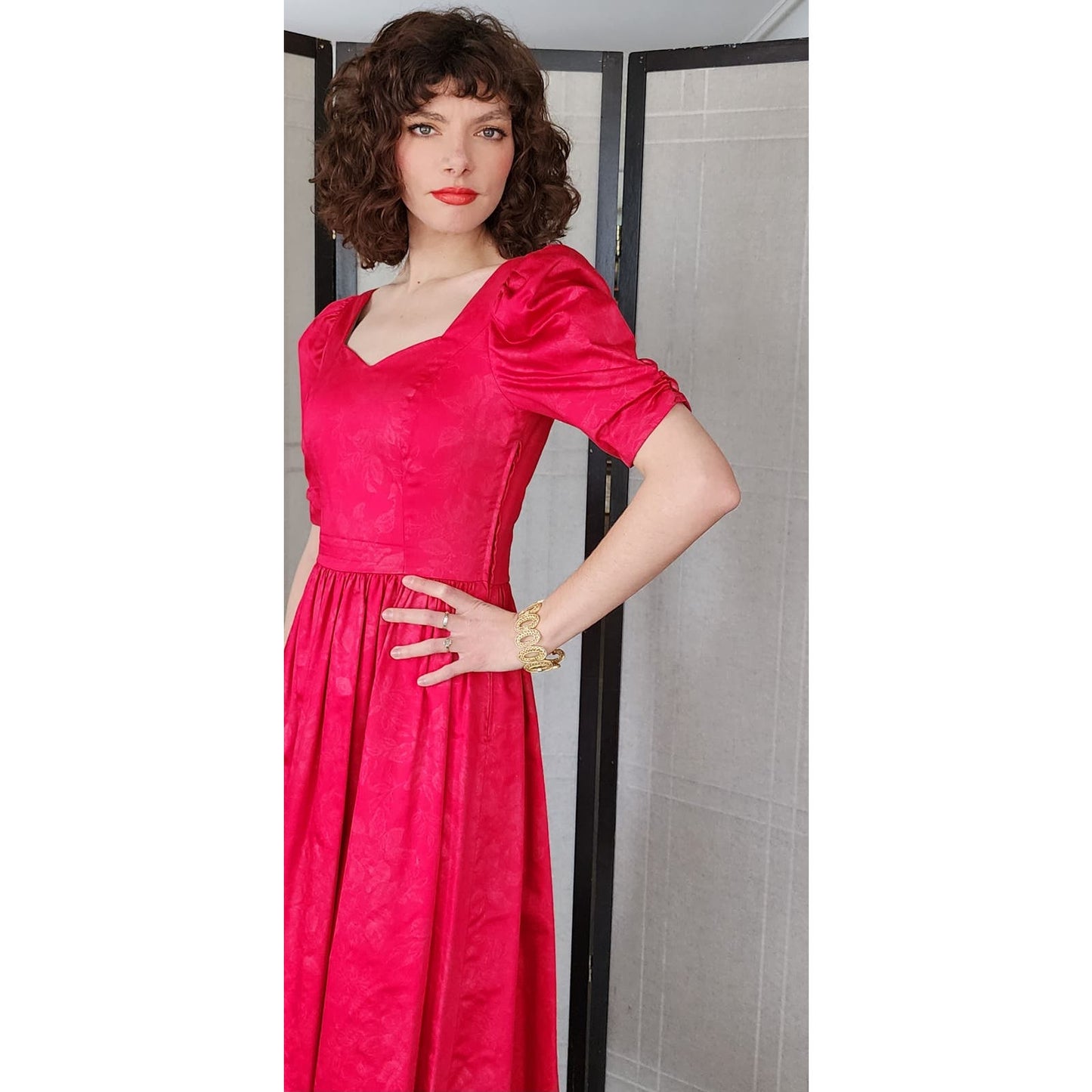 Vintage 80s Red Laura Ashley Dress Subtle Gold Floral Print Puffed Sleeves