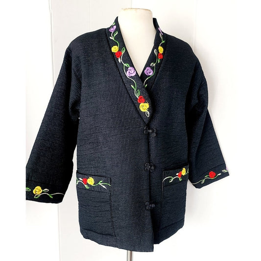 Vintage Asian Quilted Jacket Black w/Floral Embroidery