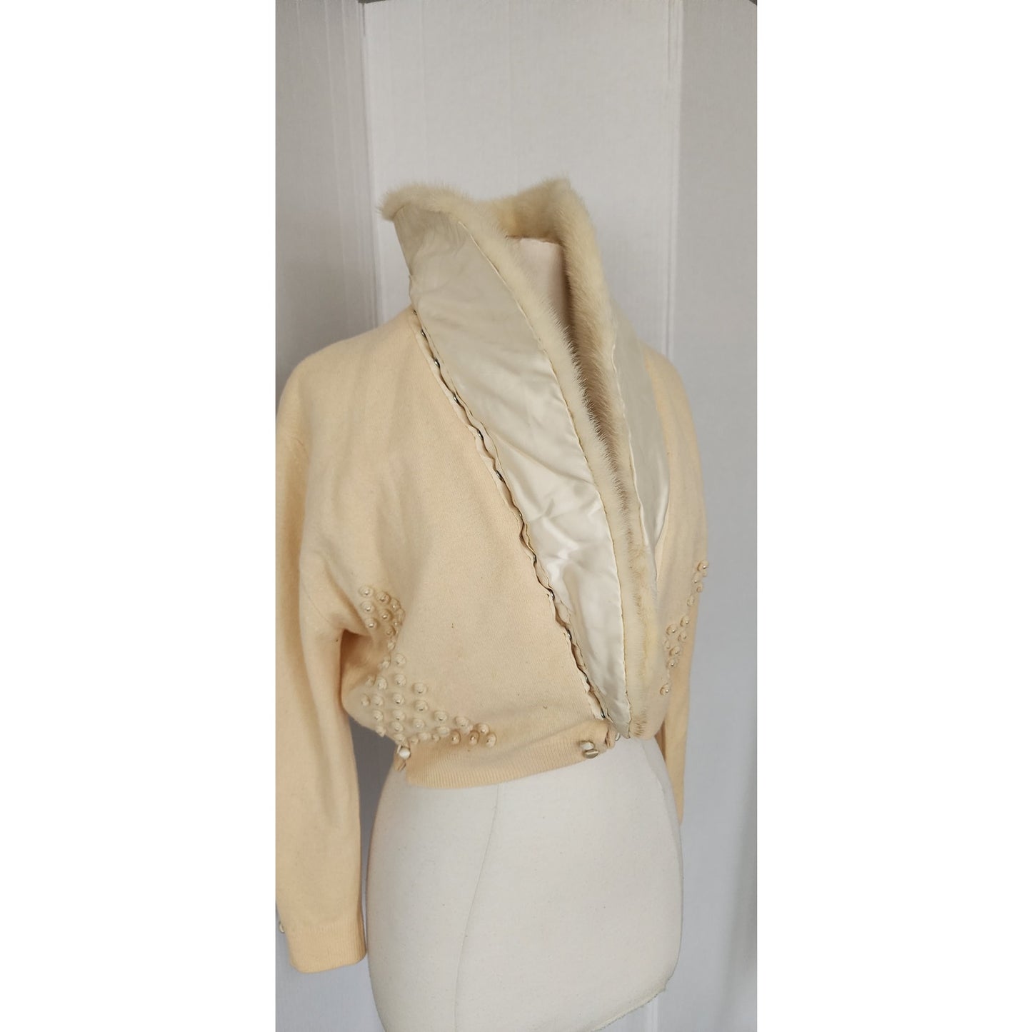 Vintage 50s Cardigan Cream Cashmere Sweater w/Blonde Mink