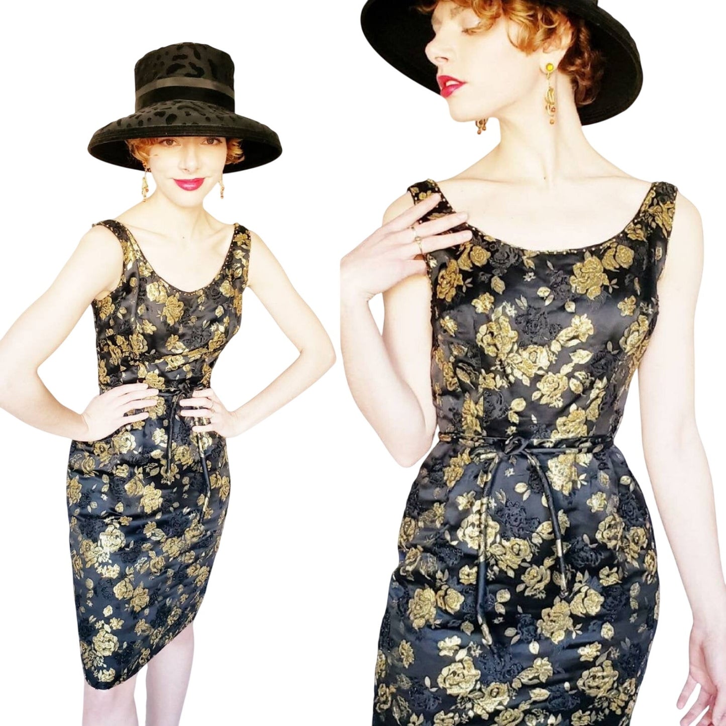 Vintage 1960s Cocktail Dress Black Gold Floral Beaded Brocade Sleeveless Wiggle Party Dress Ornate S