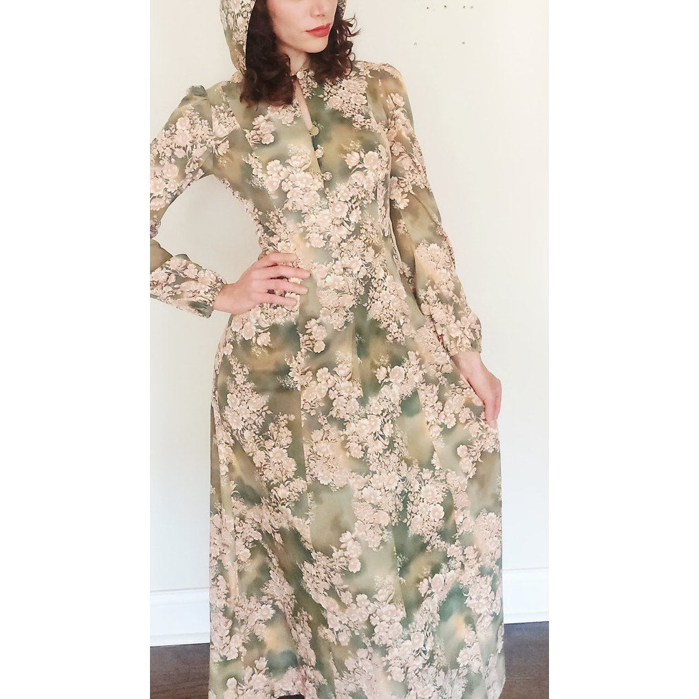 Vintage 1970s Kristie Lou Dress Hooded Floral Maxi Long Sleeve Woodland Fairy