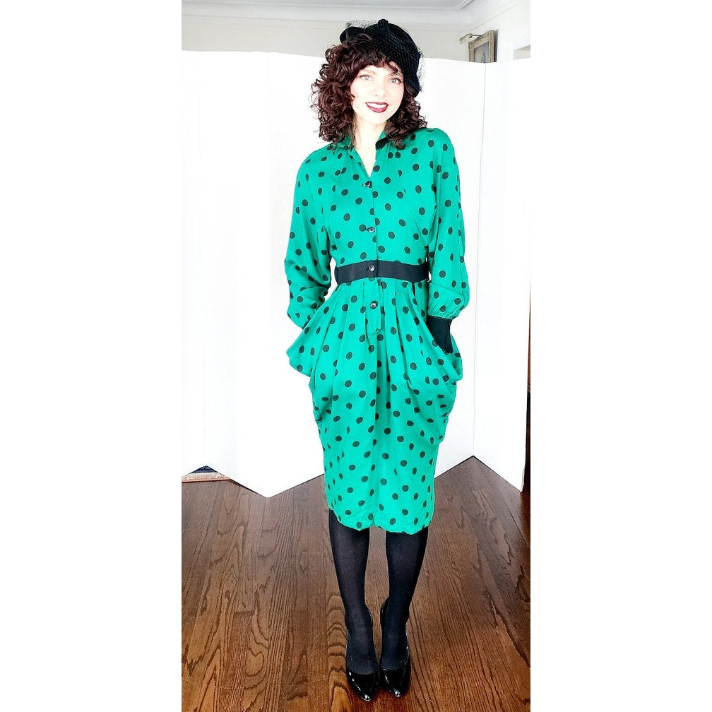 Vintage 80s Does 40s Green Polkadot Print Dress Peplum Pockets  / Strawberry Studio / S