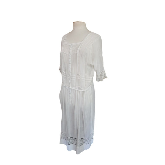 Antique 1910s White Lingerie Tea Dress Lawn Gown Crochet Lace Embroidery Drop Waist L